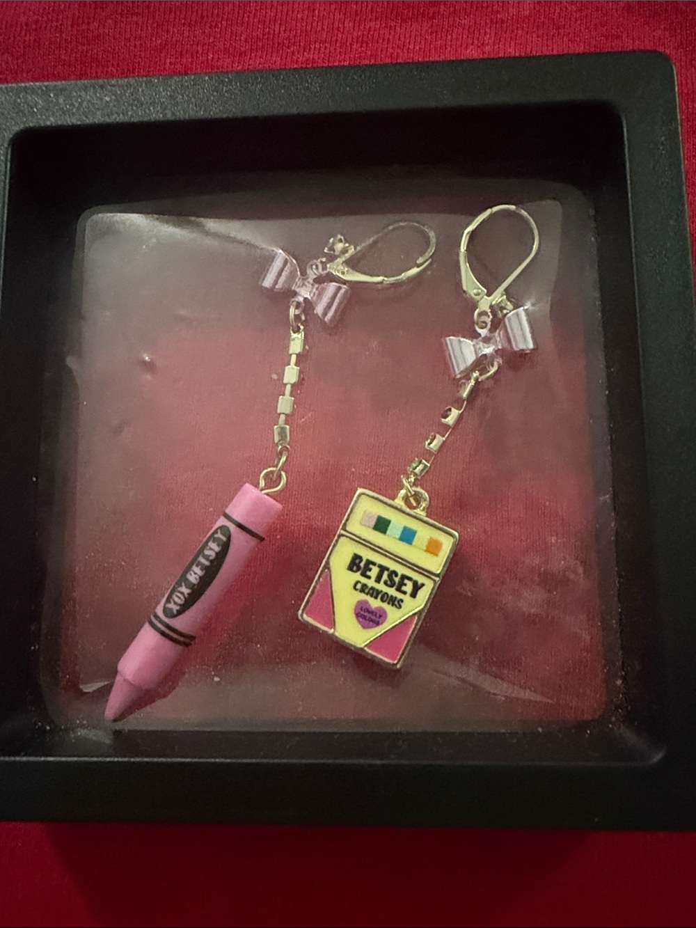 Betsey Johnson Pink Crayon & Multicolor Crayon Box Dangle Earrings